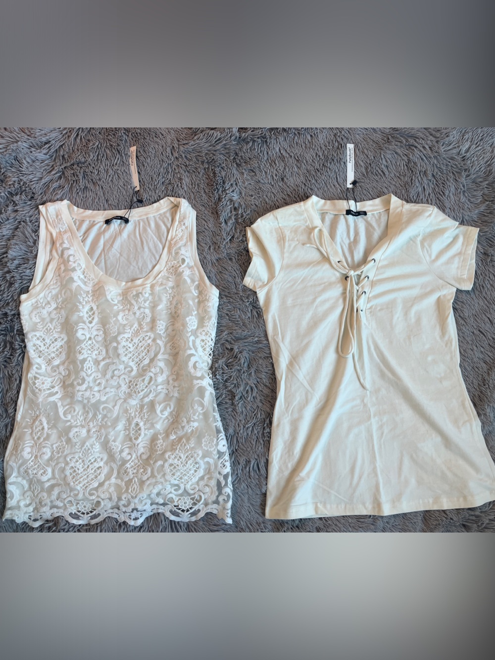 PattyBoutik Cream Lace Overlay Tank & Lace-Up Tee Set NWT